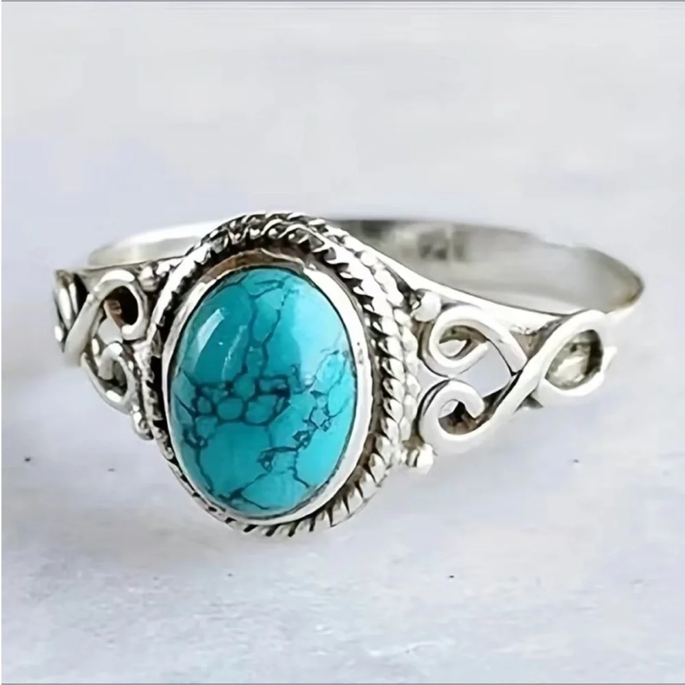 3/$25 Vintage Antique Style Faux Turquoise and Silver Tone Unisex Ring Size 6
